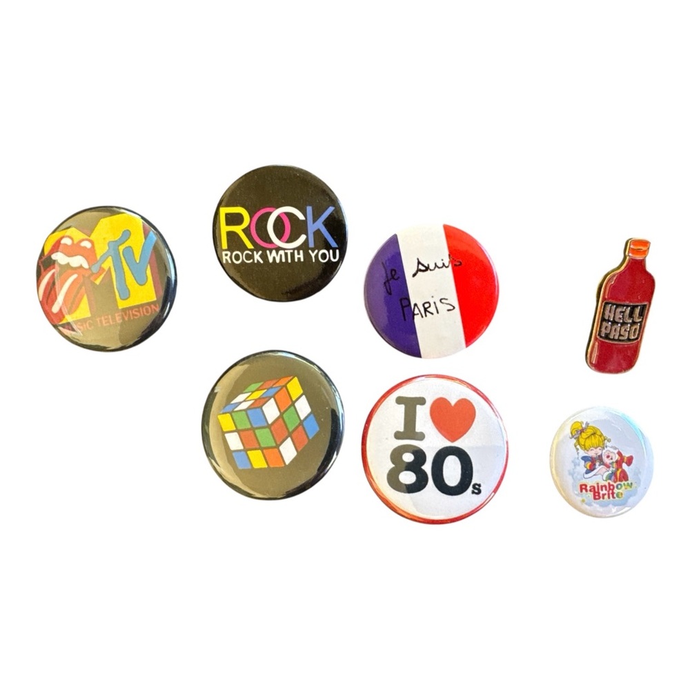 7 Vintage 80s Pinback Button Lot MTV Rock Rubik's Cube Rainbow Brite Hell Paso